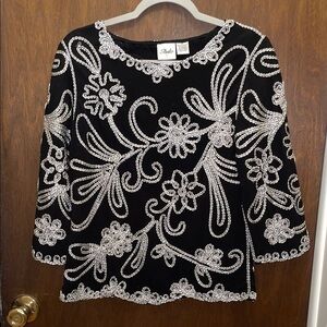 Studio V size M black/white/silver dressy top with ornate stitching overall